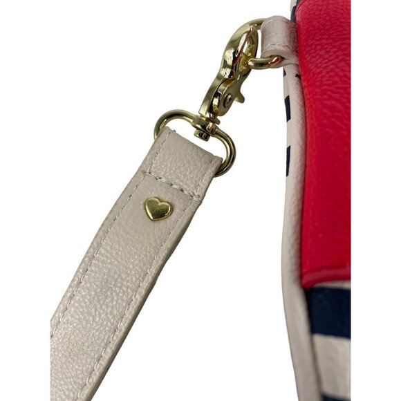 Betsey Johnson Bow-Nanza Wristlet Red Bow Gold Accents Blue Striped - Picture 4 of 11
